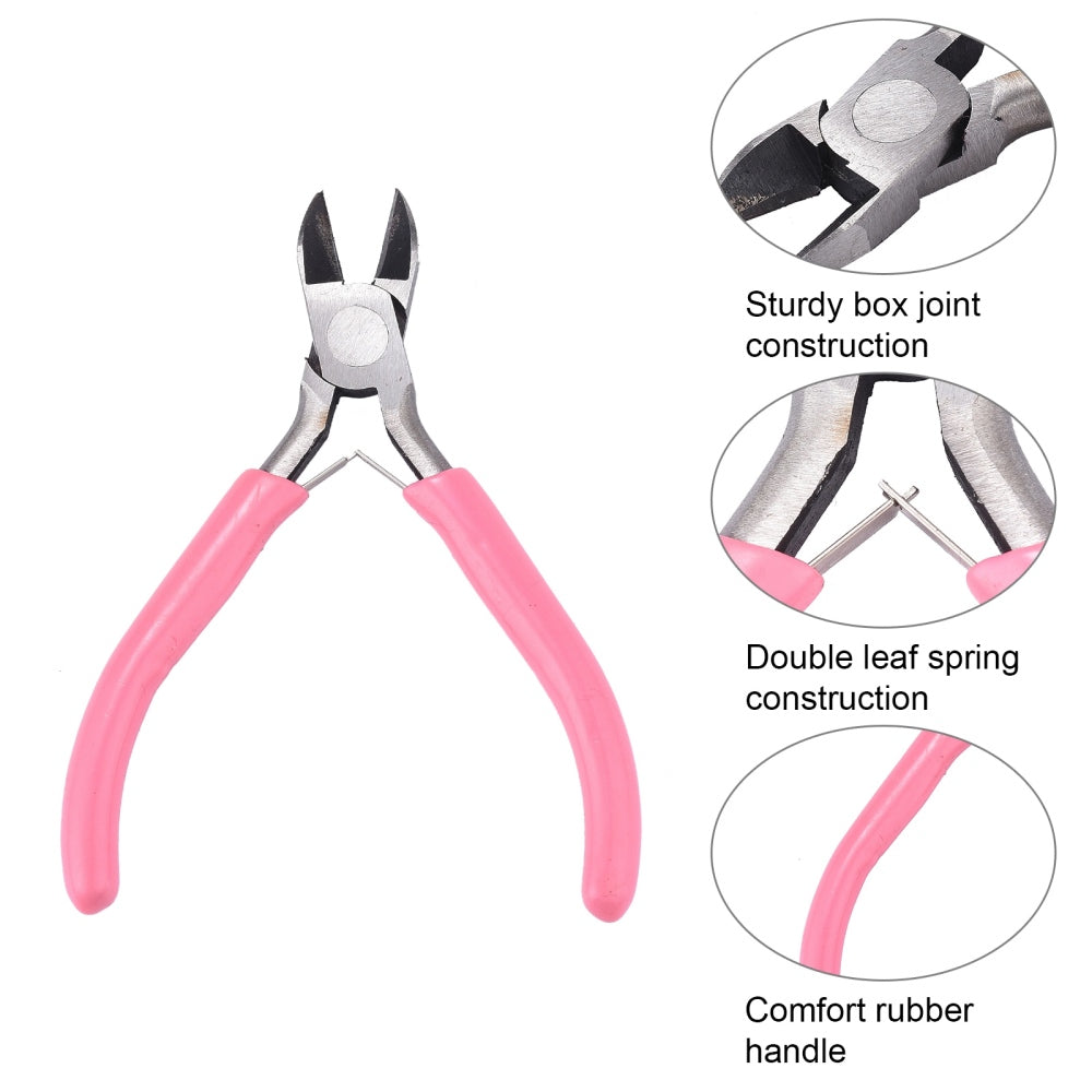 Side-cutting pliers with pink rubber handles and two angled cutter jaws