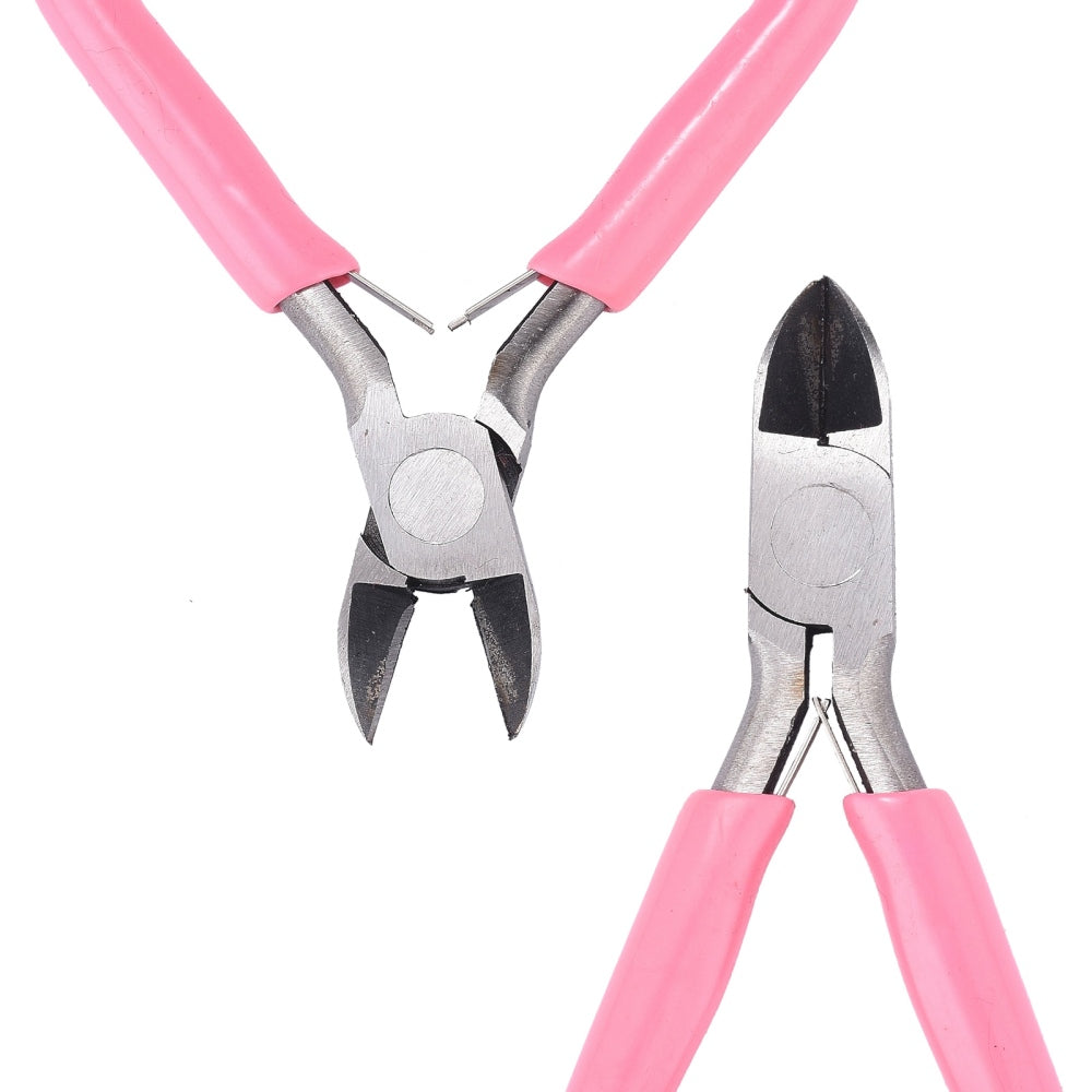 Side-cutting pliers with pink rubber handles and angled cutter head