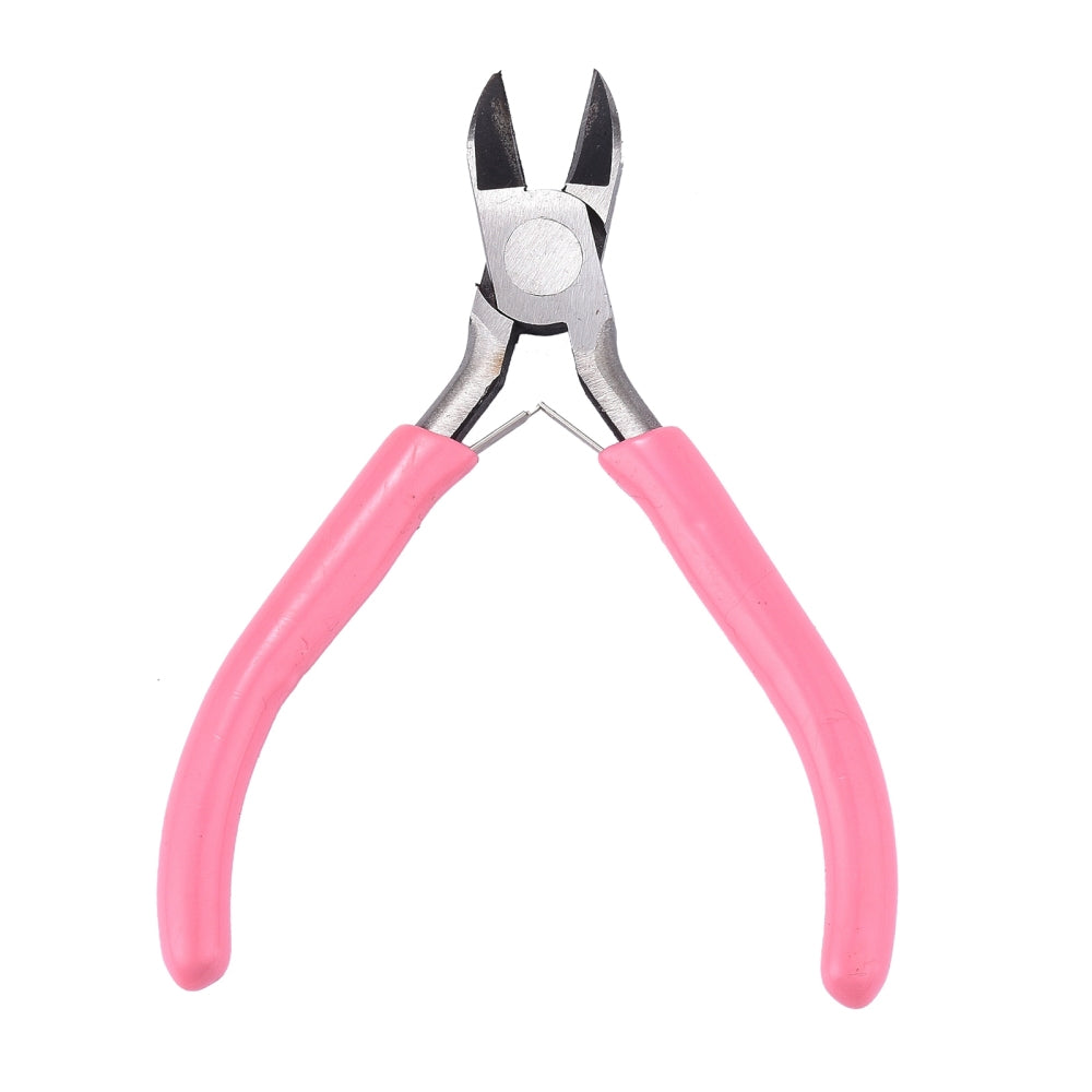Side-cutting pliers with pink rubber handles and angled cutter jaws