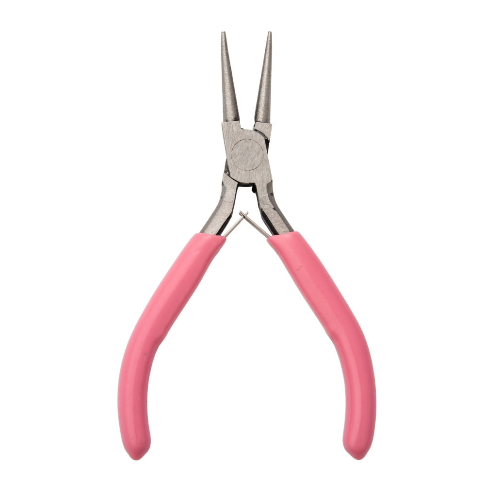 Round nose pliers with pink rubber handles and pointed jaws for jewelry work