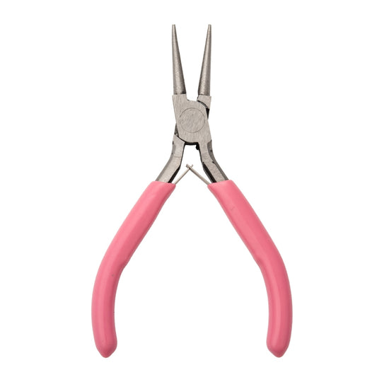 Round nose pliers with pink rubber handles and pointed jaws for jewelry work
