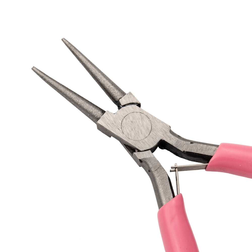 Round nose pliers detail with pink handle and metal jaws