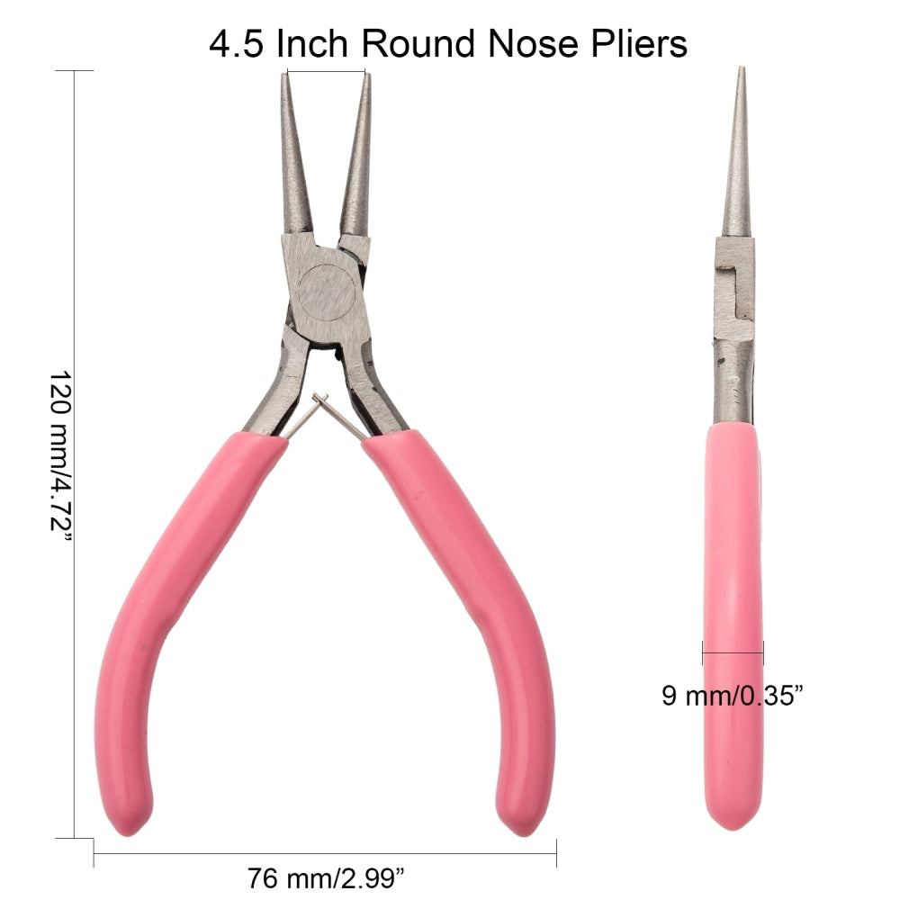 Round nose pliers with pink grips, silver metal body, and narrow pointed tips