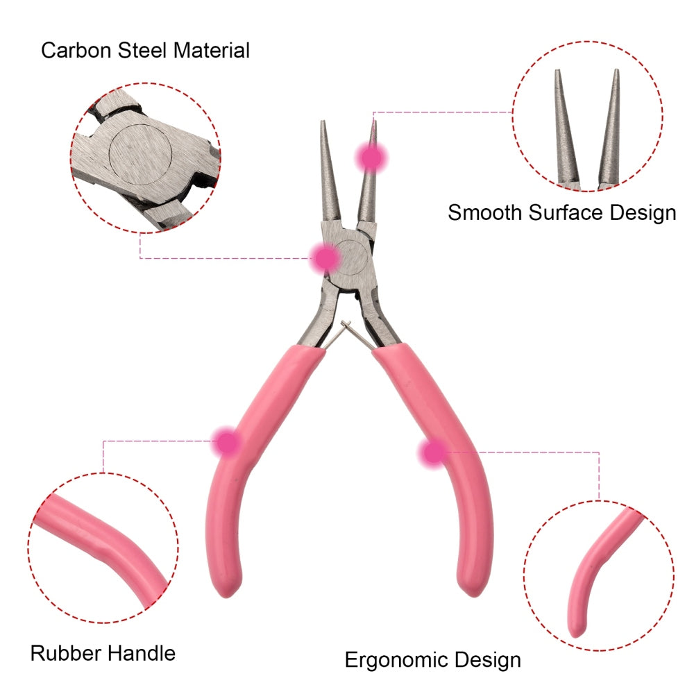 Round nose pliers with pink rubber grips and smooth metal head