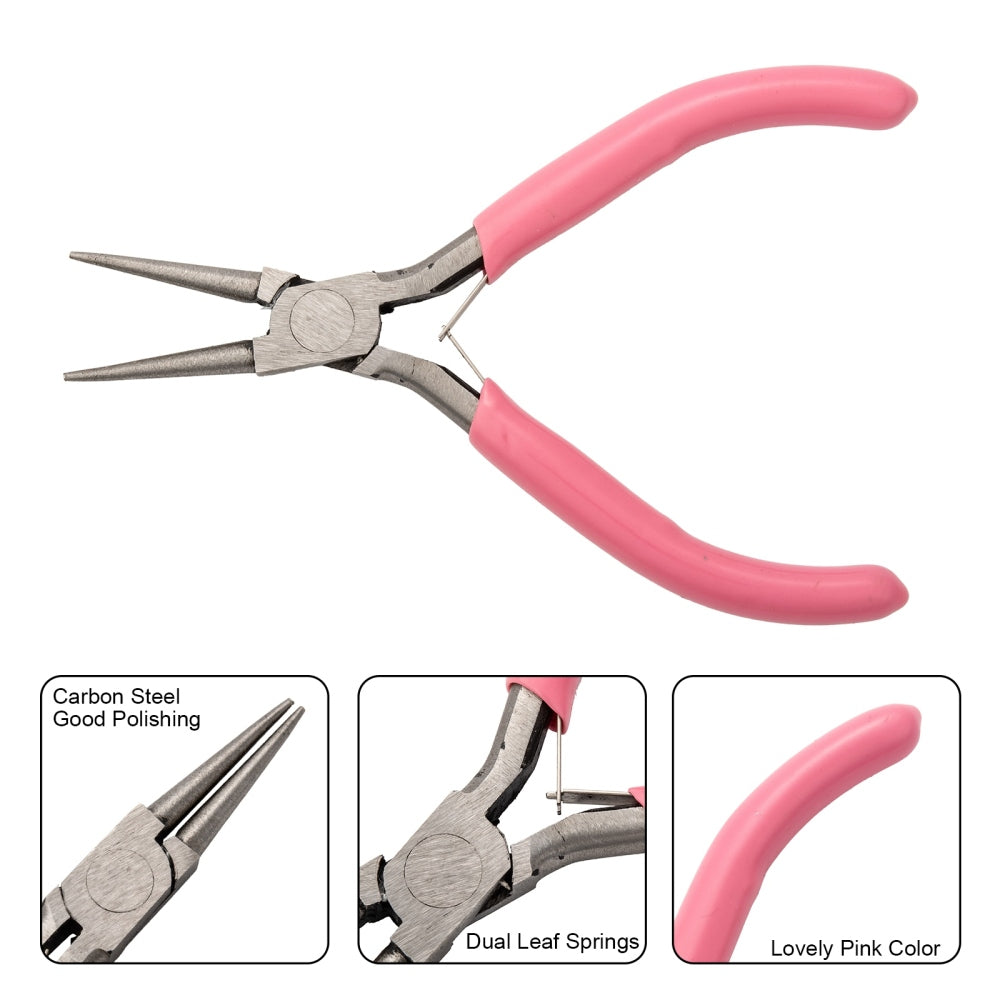 Pink-handled round nose pliers with long tapered jaws for jewelry making