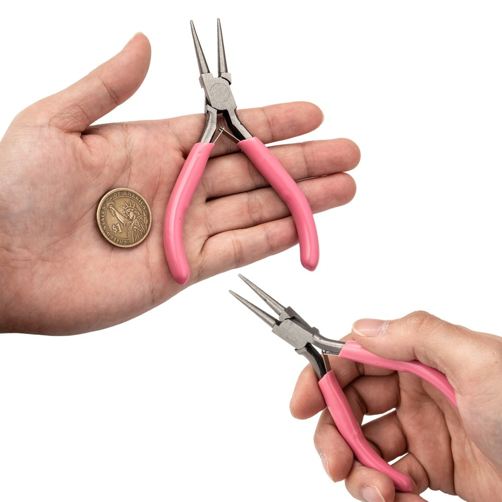 Round nose pliers held in hand, showing pink grips and pointed jaws