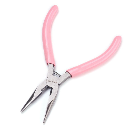 Chain-nose pliers with pink handles and pointed jaws