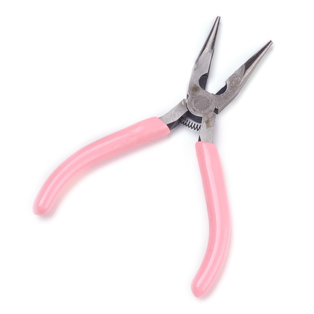 Chain-nose pliers with pink handles, spring joint, and pointed jaws