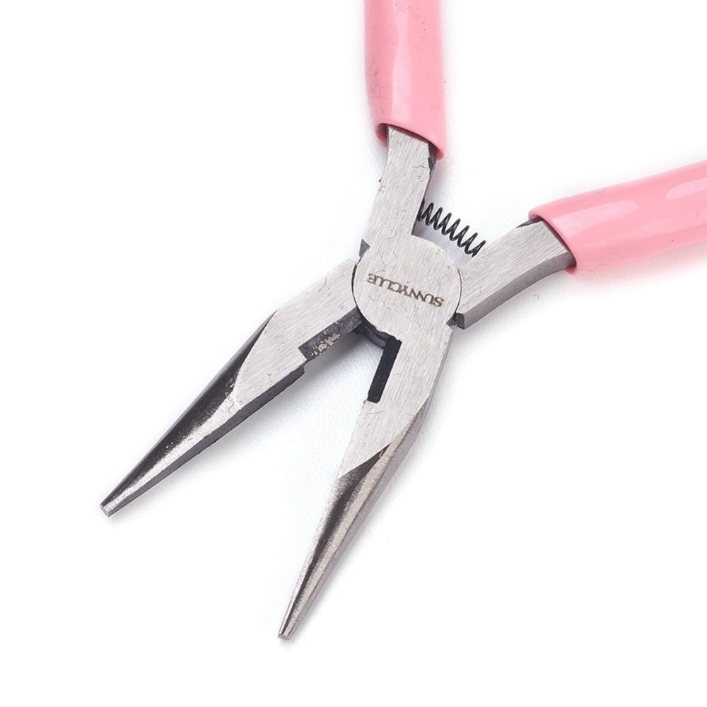 Chain-nose pliers close-up with pink grips and serrated pointed jaws