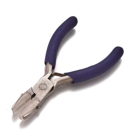 Flat nose pliers with blue nylon handle and silver jaw, open front view