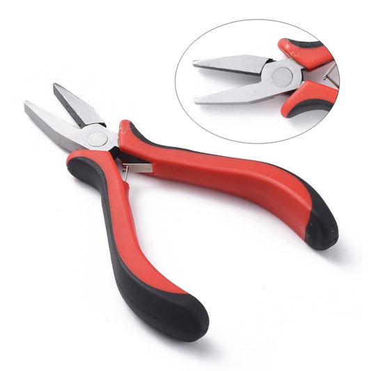 Flat nose pliers with red and black comfort handles, steel jaws