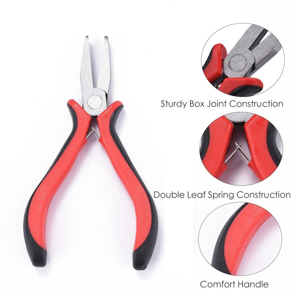 Flat nose pliers with long steel jaws and red-black insulated grips