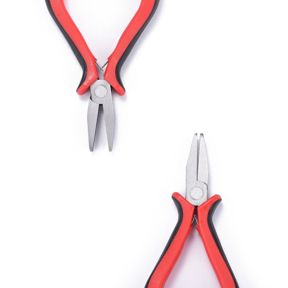 Jewelry flat nose pliers, angled view of silver jaws and red-black handles