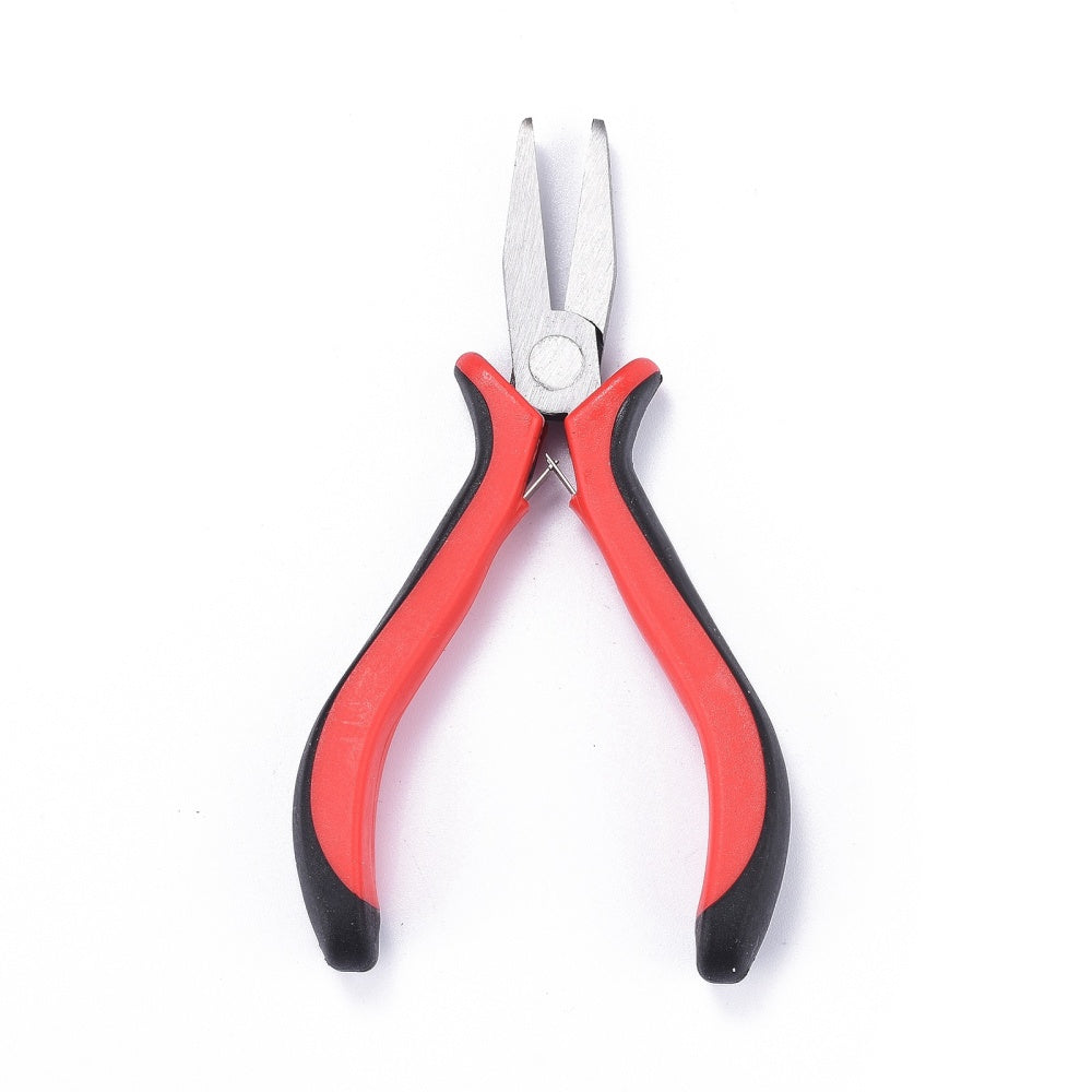 Flat nose pliers with red handles and black grip ends, pointed steel jaws