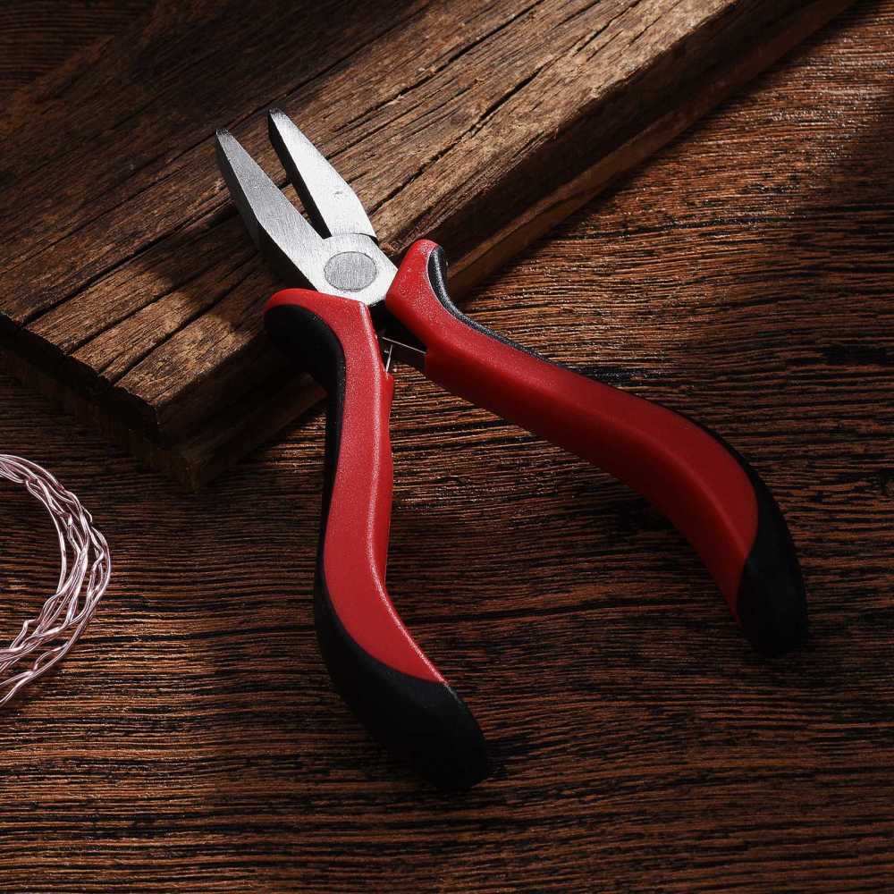 Flat nose pliers with red and black grips and steel jaws, side view