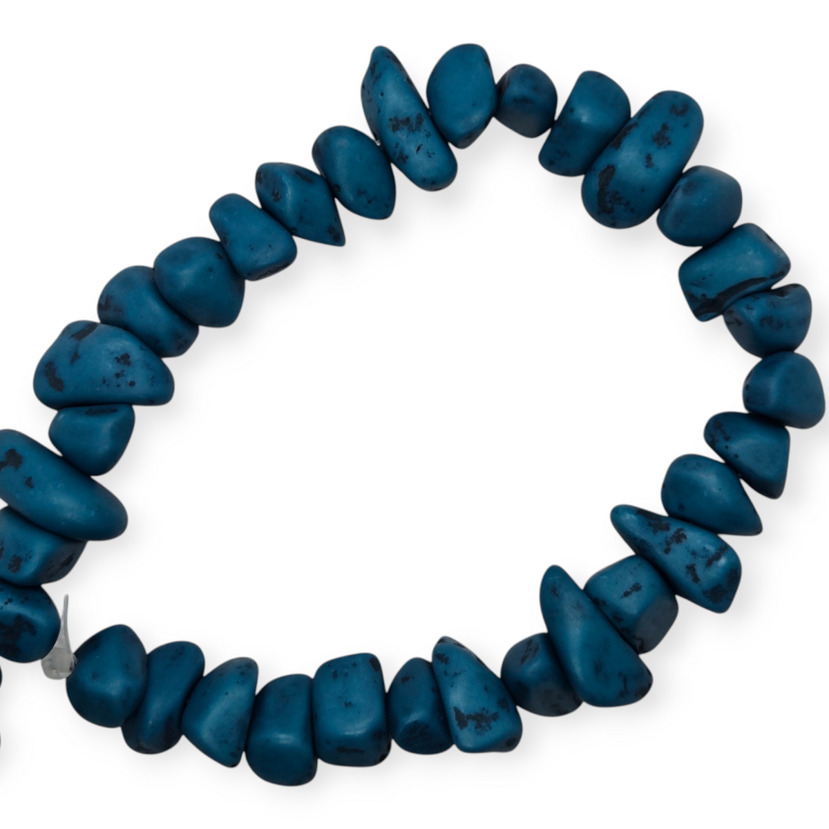 Teal chip bead strand forming a loop, with matte speckles on irregular pieces