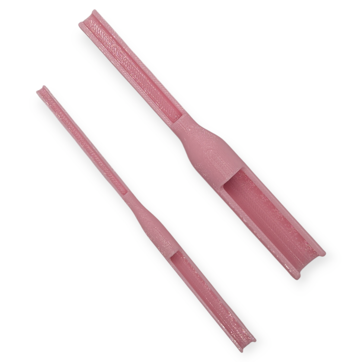 Knotting tool set, two pink plastic tools with ribbed grips and open slots