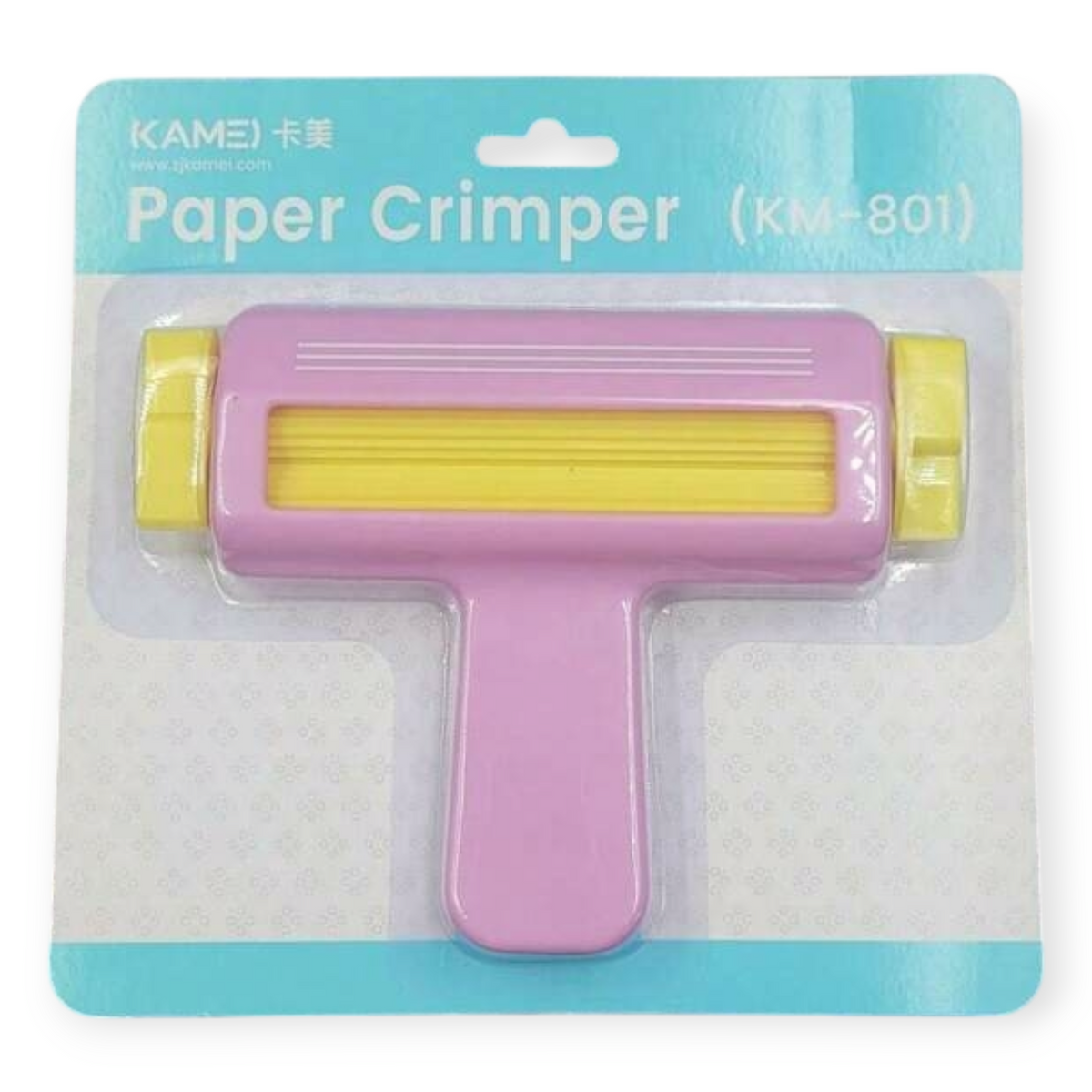 Pink paper crimper tool with ridged roller and yellow side grips