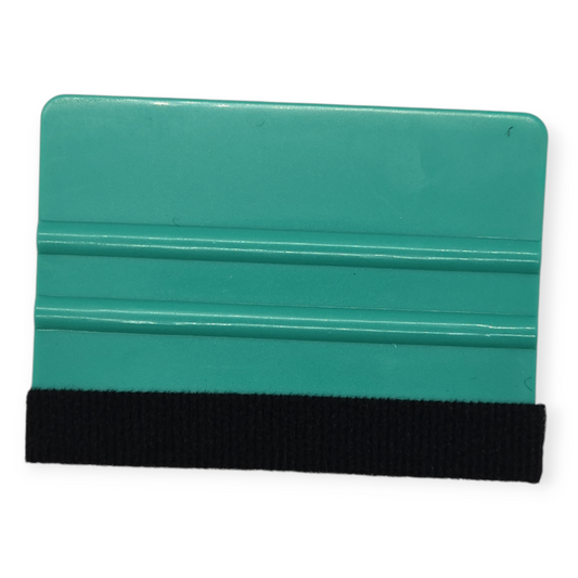 Ergonomic felt scraper with teal plastic handle and black felt edge
