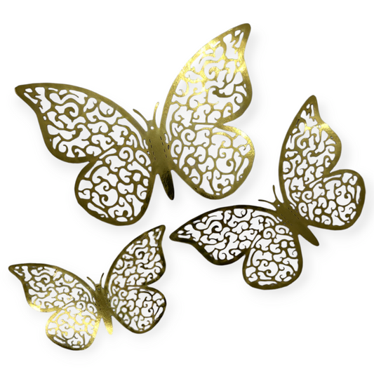 Set of gold 3D butterfly stickers with ornate cutout pattern, multiple sizes