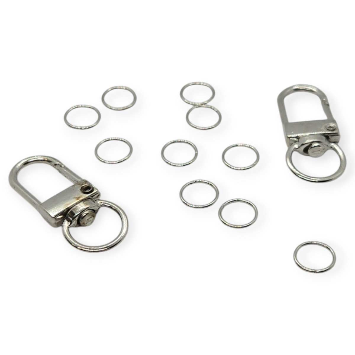 Silver zinc alloy swivel keychains with split rings and attachment rings