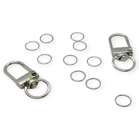 Silver zinc alloy swivel keychains with split rings and attachment rings