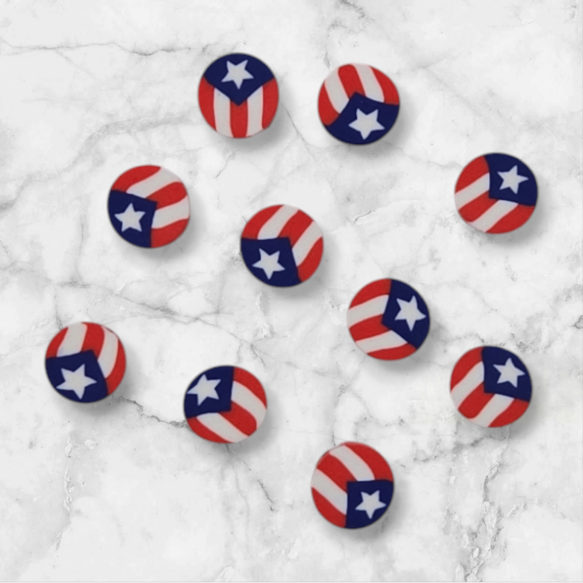 Round clay beads with Puerto Rico flag design, red white blue star; set of 10