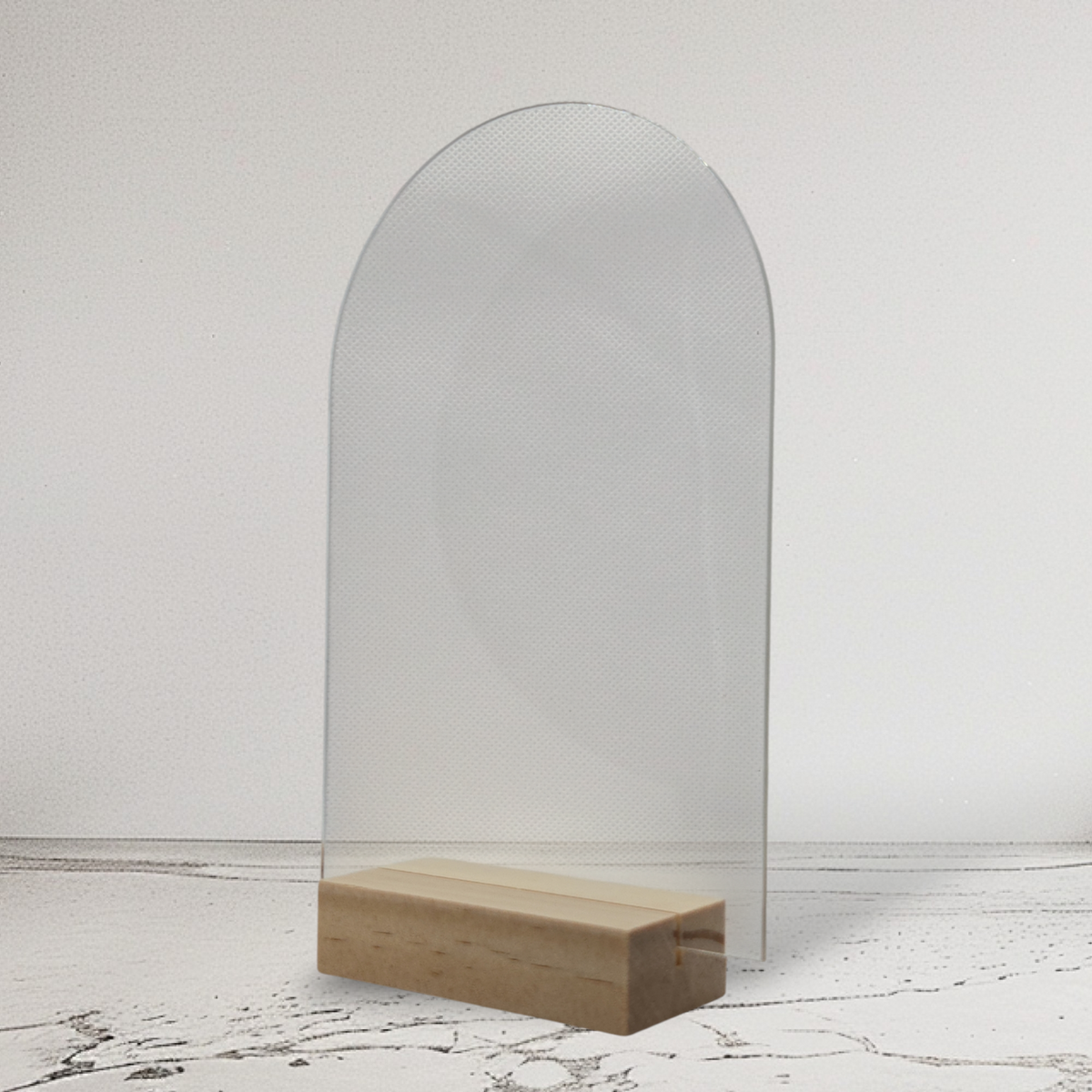 Clear acrylic arch photo frame blank with wooden stand