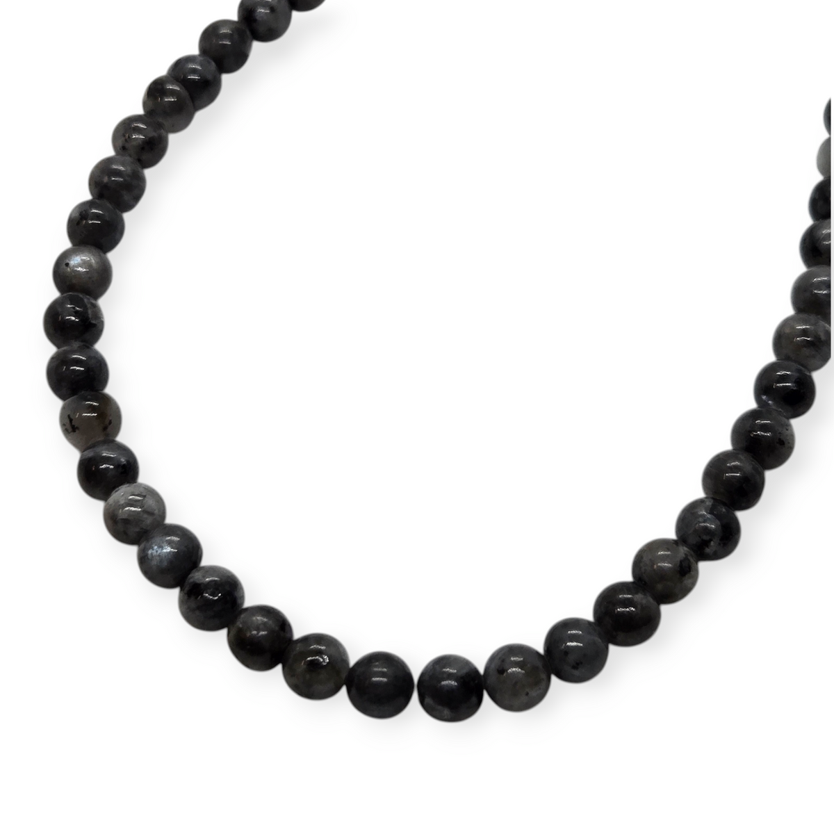 Larvikite bead necklace with 4mm round dark beads, close-up of uniform bead row