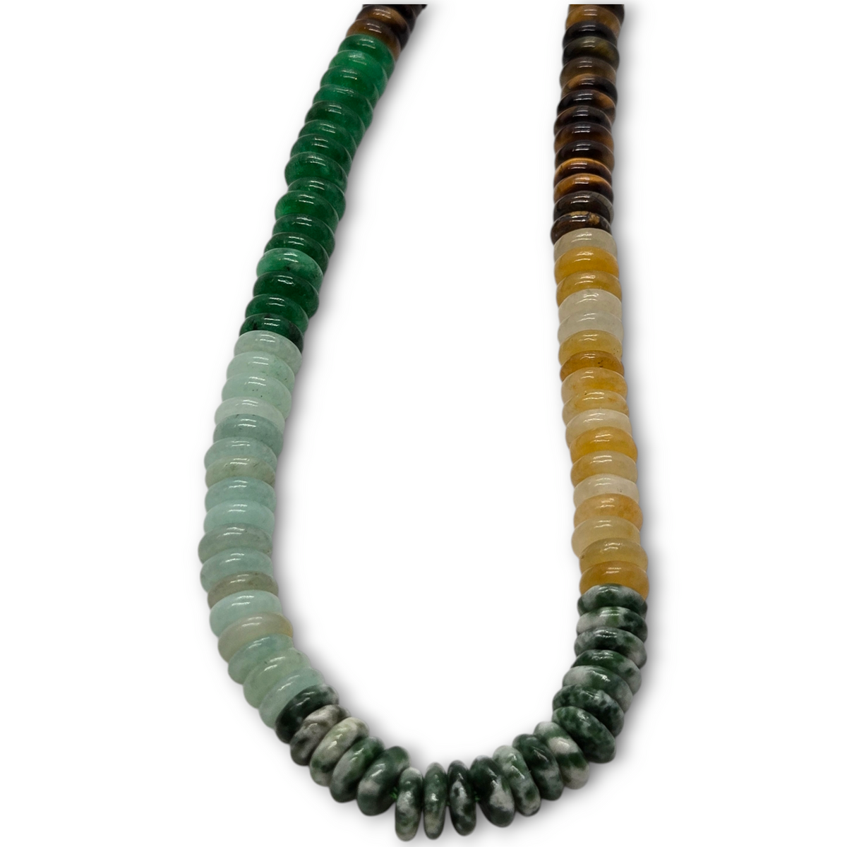 Multigemstone rondelle bead strand, green tones with yellow and dark brown accents