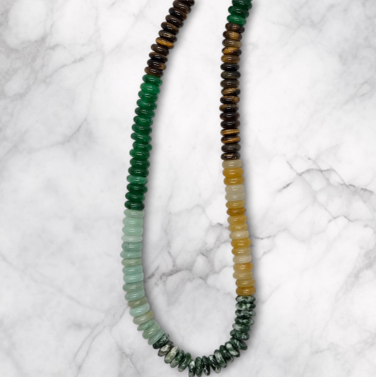 Two multigemstone rondelle bead strands, green and yellow with dark brown and speckled beads