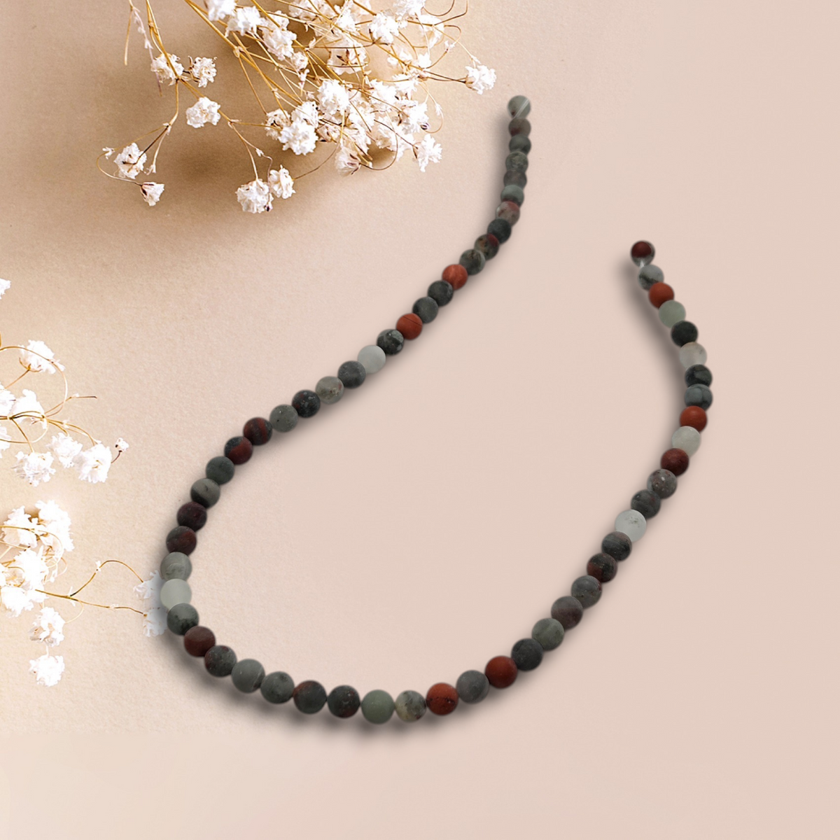 Matte round bead necklace with dark gray, green, and red beads, 6mm