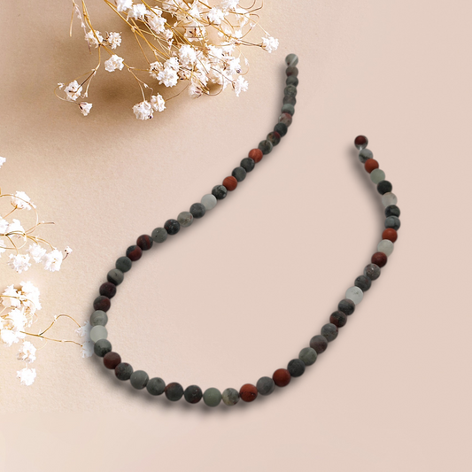 Matte round bead necklace with dark gray, green, and red beads, 6mm