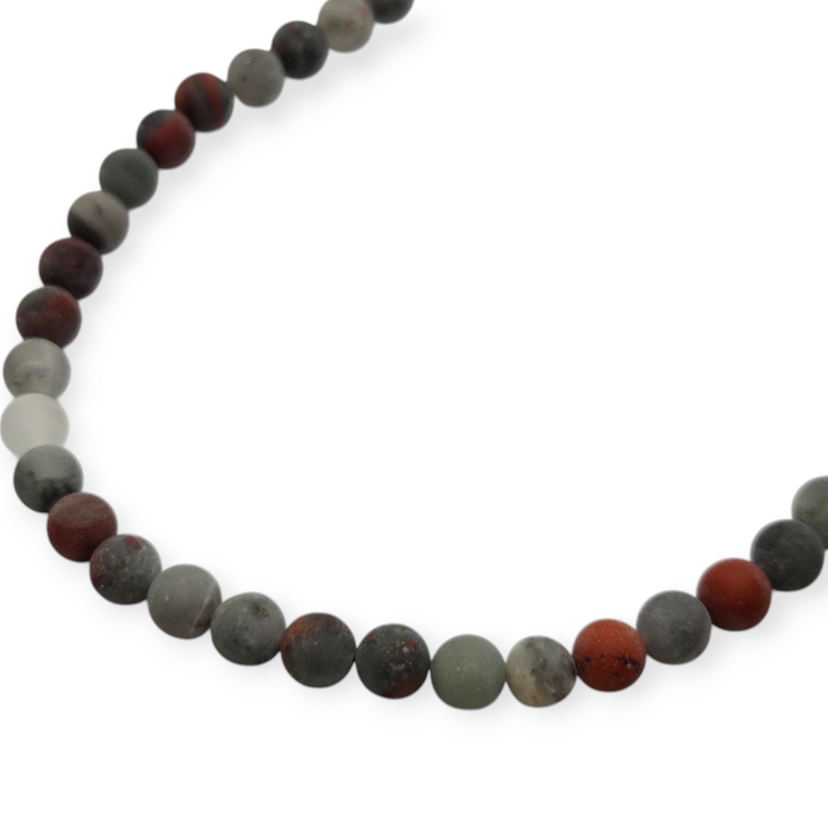 Matte round bead necklace close-up with dark gray, green, and red beads