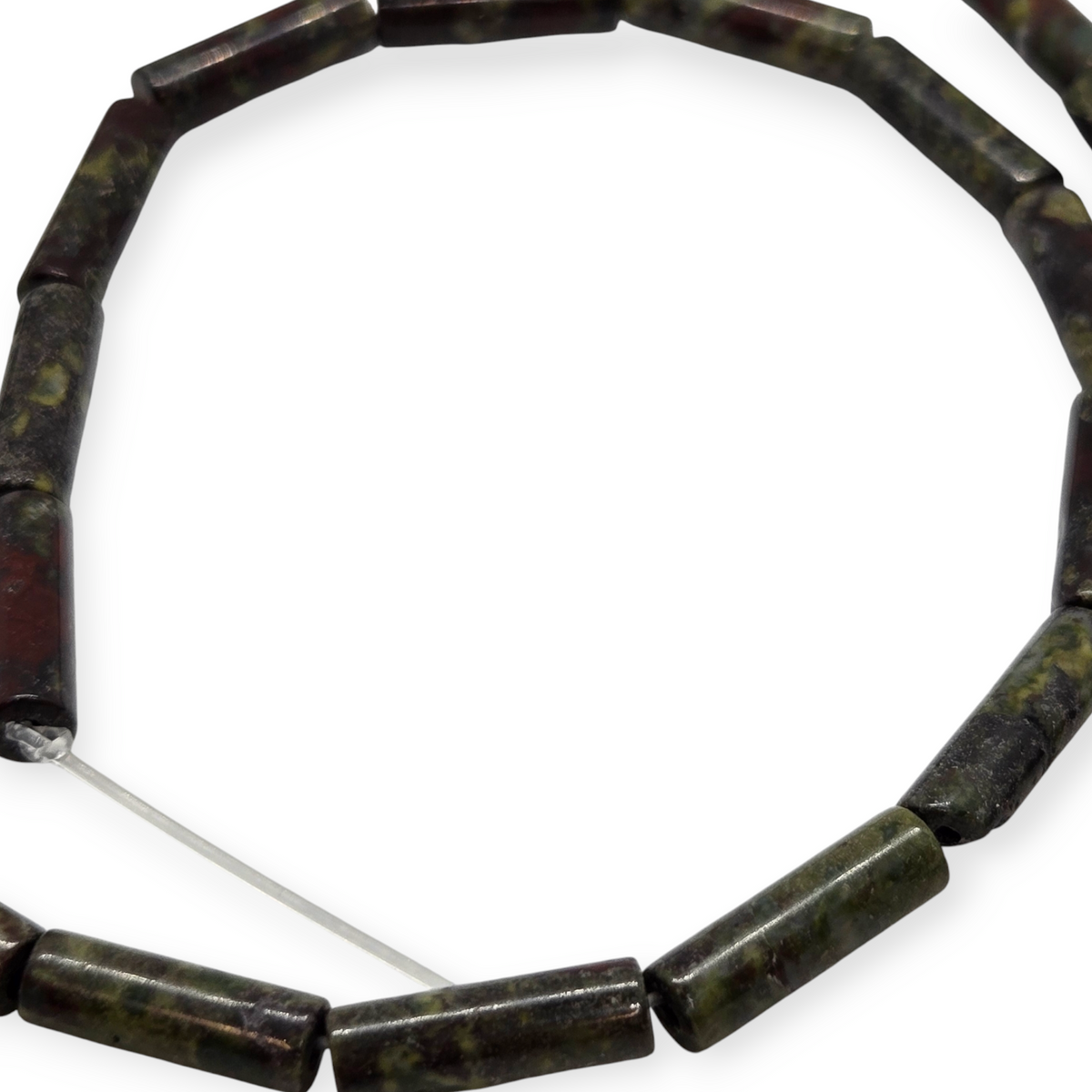 Long tube beads of jasper with dark green and red speckles, strung
