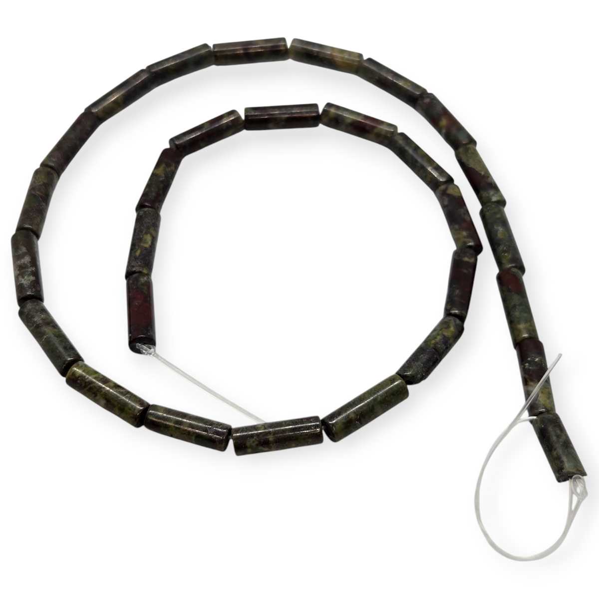 Two strands of jasper long tube beads, dark green with red streaks