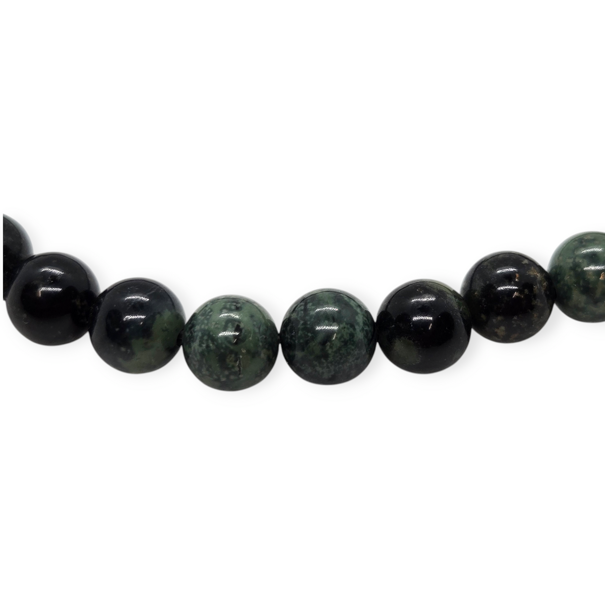 6mm round jasper beads strand, black with green speckled pattern