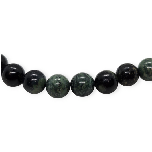 6mm round jasper beads strand, black with green speckled pattern