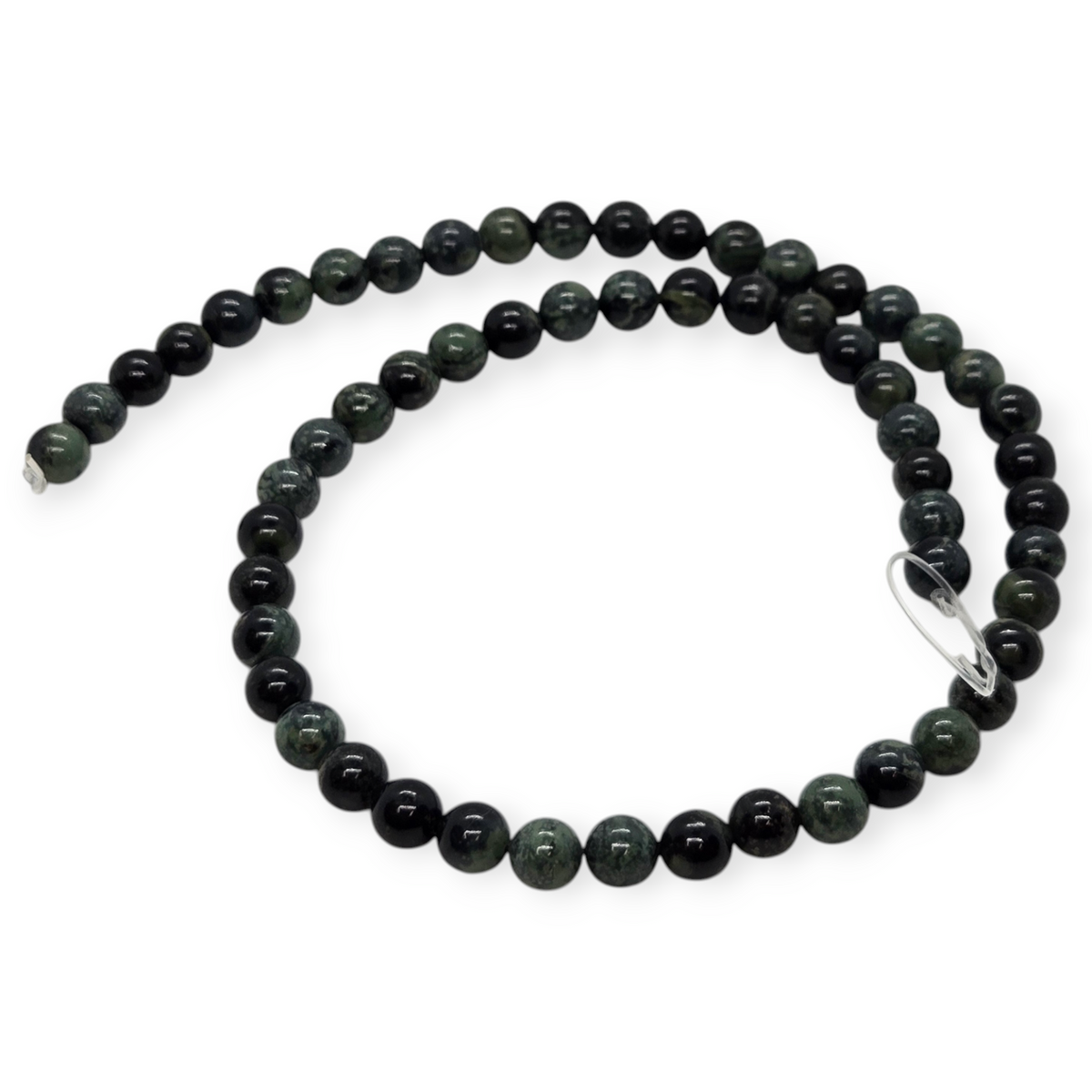 Round jasper bead strand with metal clasp, black and green speckled beads