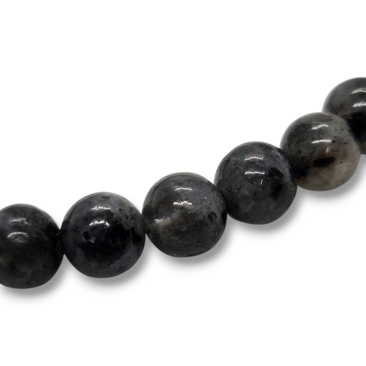 Close-up of glossy dark round stone beads