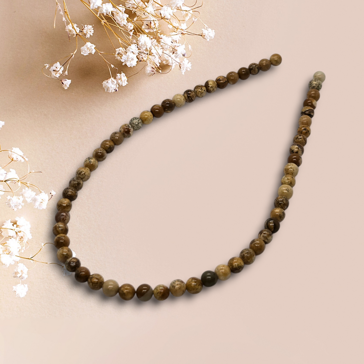 Round stone bead strand with dark green and brown picture jasper beads, 6mm