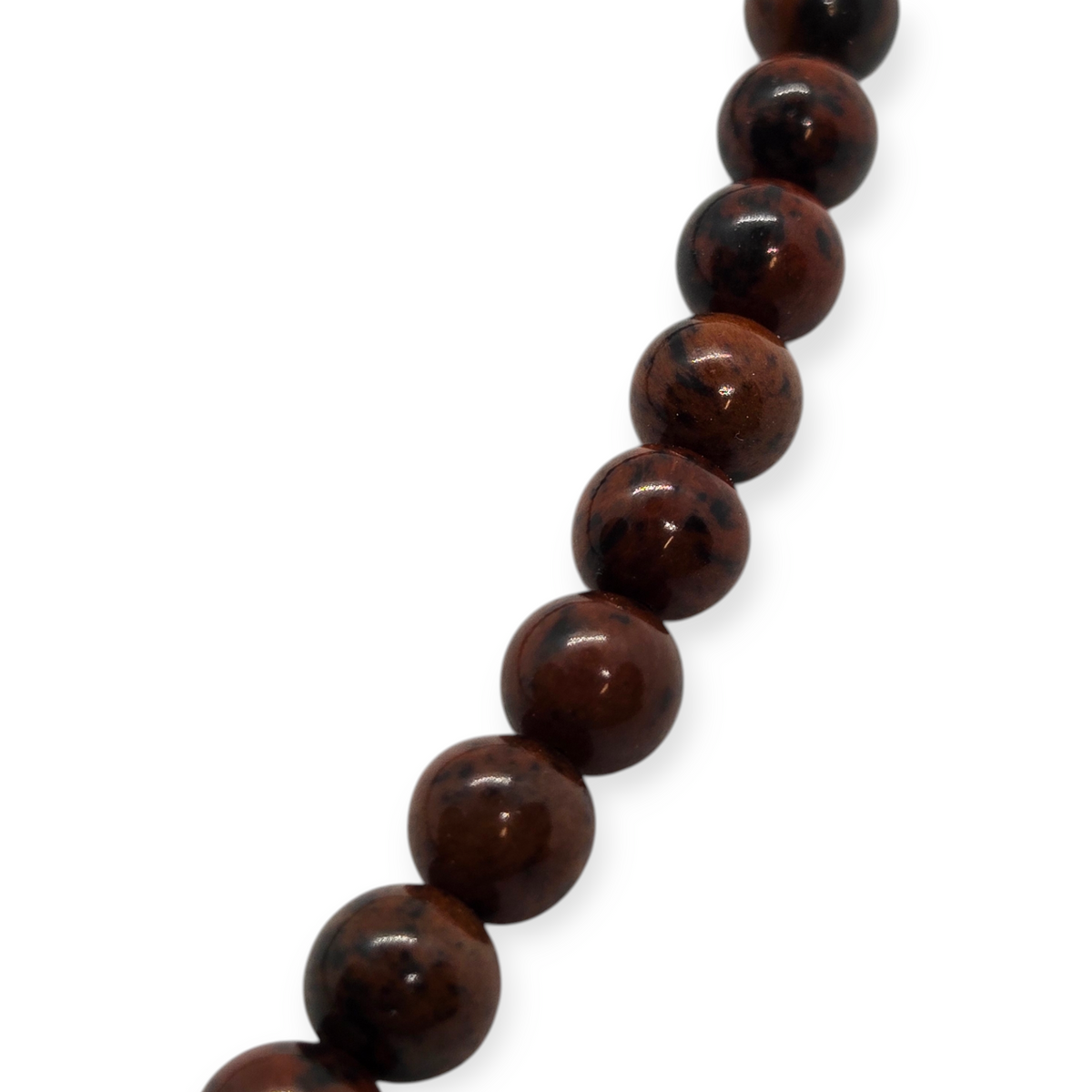 Mahogany obsidian round beads close-up, glossy dark brown 6mm