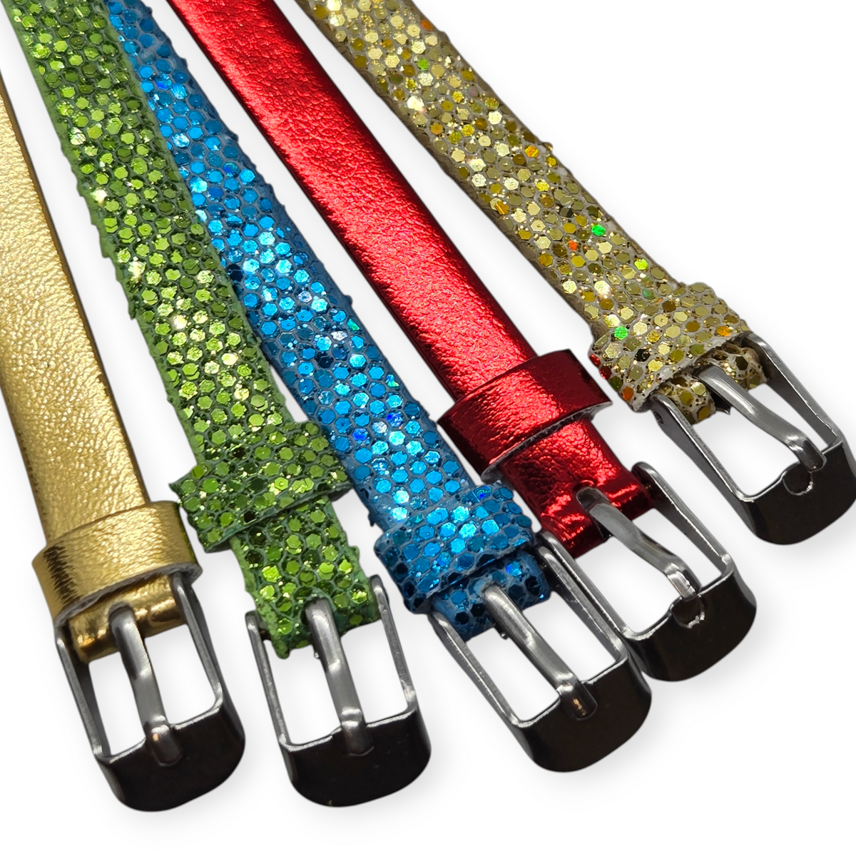 Faux leather wristbands set with green, blue, red and gold straps, silver buckles
