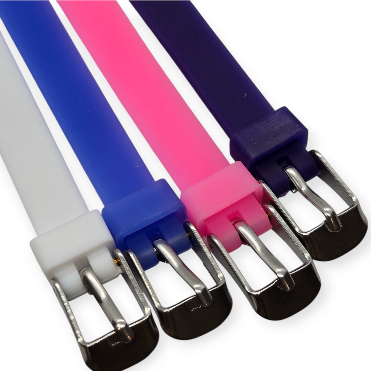 Silicone wristbands in white, blue, pink, and purple with metal buckle closures