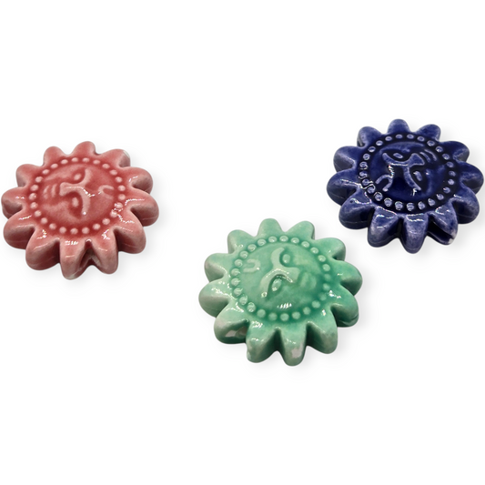 Assorted 18mm porcelain sun-shaped ceramic beads, pink green and dark blue