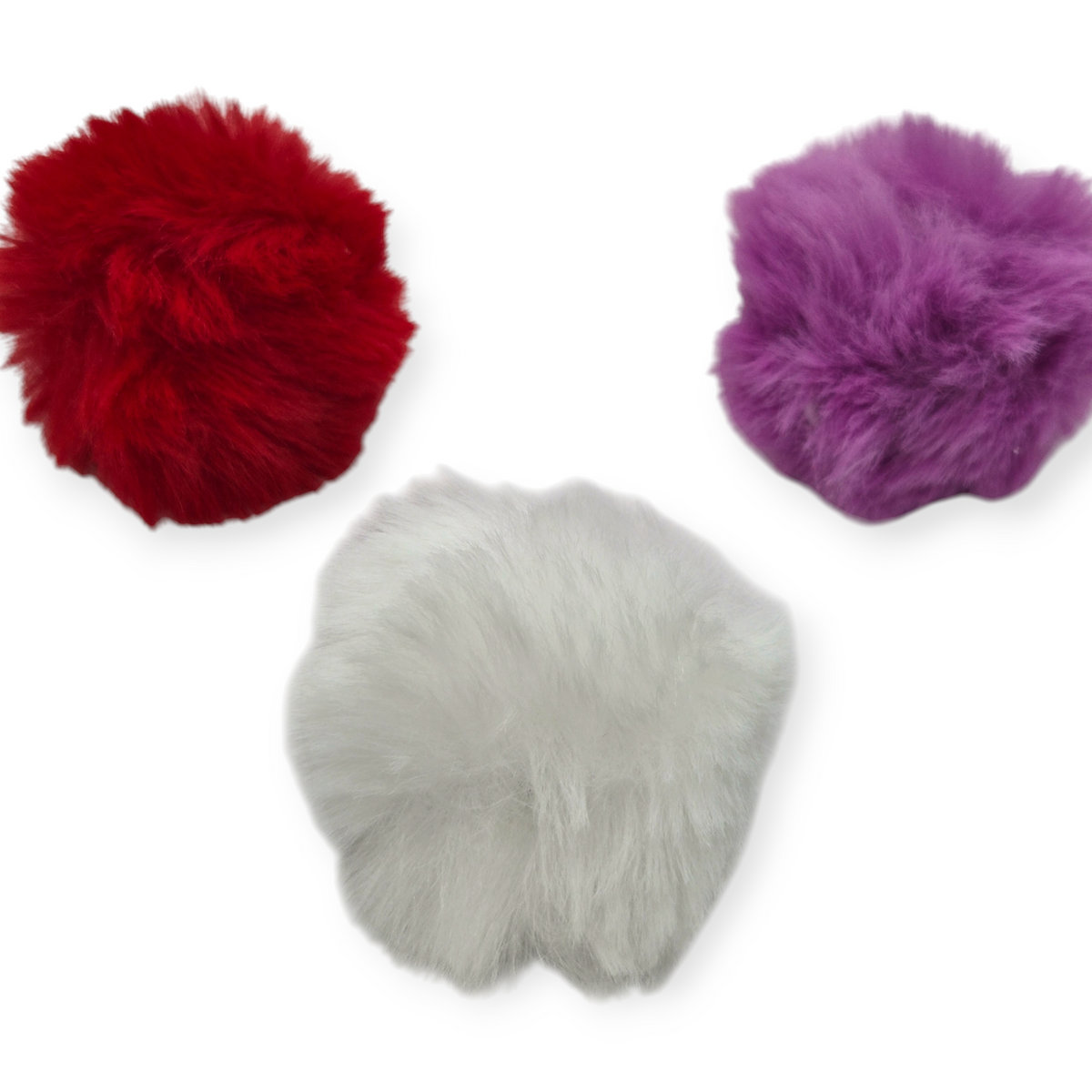 Faux rabbit plush pom poms in red, purple, and light gray, 6cm
