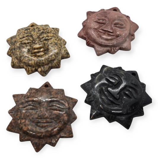 Set of carved natural stone sun face pendants, assorted dark brown and black