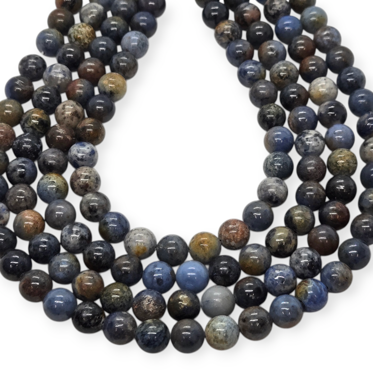 Strand of smooth round 8mm gemstone beads in mixed blue, gray, and brown