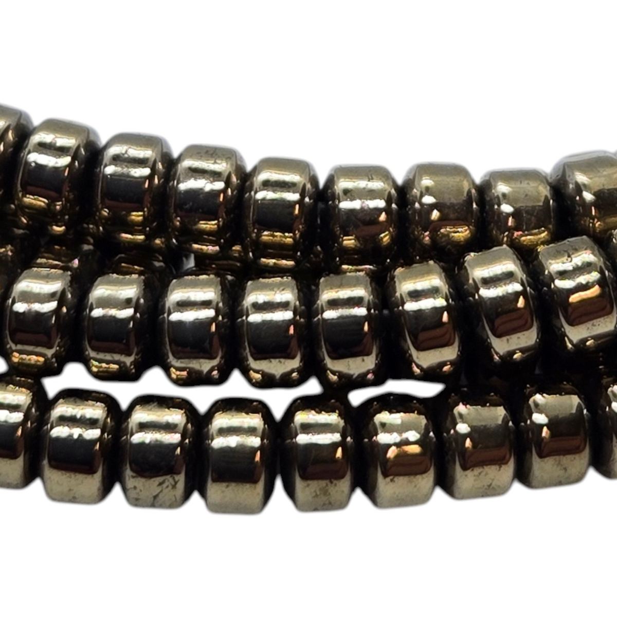 Pyrite rondelle beads, smooth, 3mm, metallic dark gold, close-up