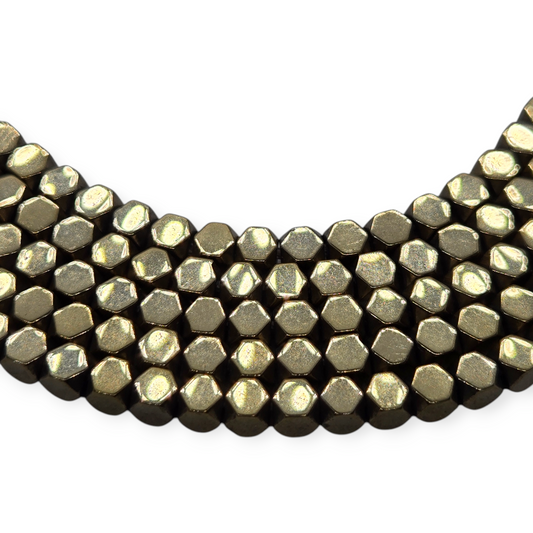 4mm faceted pyrite cube beads, gold and dark brown, reflective strand